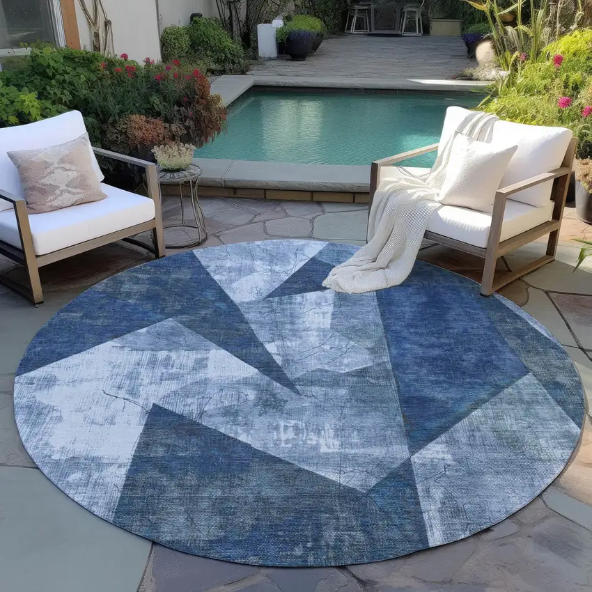 8' Navy Blue And Ivory Round Geometric Washable Indoor Outdoor Area Rug Photo 5