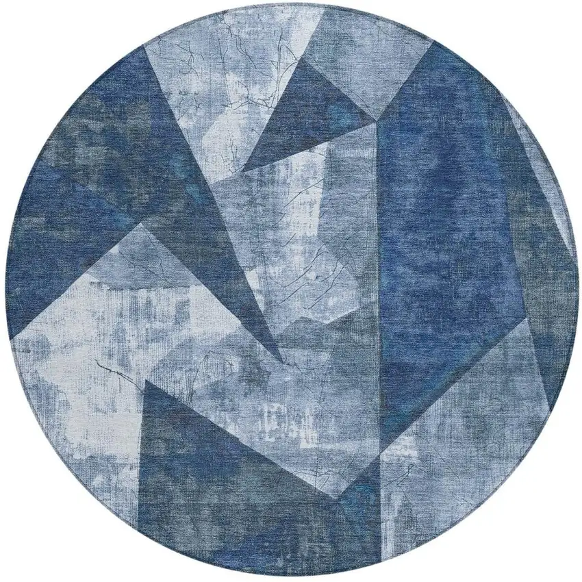 8' Navy Blue And Ivory Round Geometric Washable Indoor Outdoor Area Rug Photo 4