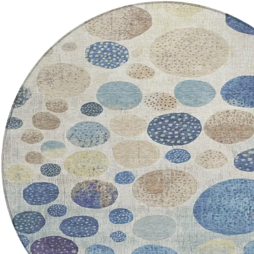 8' Navy Blue And Ivory Round Geometric Washable Indoor Outdoor Area Rug Photo 4