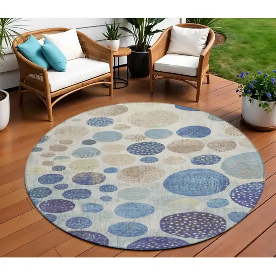 8' Navy Blue And Ivory Round Geometric Washable Indoor Outdoor Area Rug Photo 2