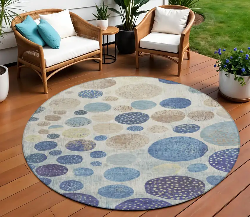 8' Navy Blue And Ivory Round Geometric Washable Indoor Outdoor Area Rug Photo 2