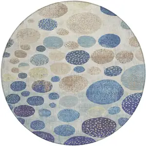 Photo of 8' Navy Blue And Ivory Round Geometric Washable Indoor Outdoor Area Rug