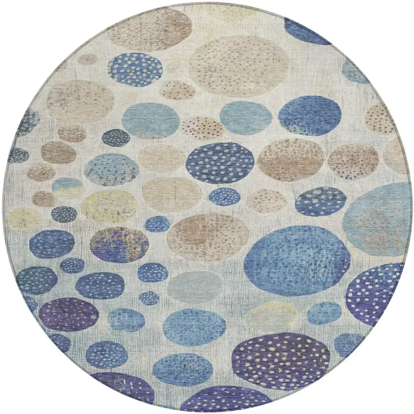 8' Navy Blue And Ivory Round Geometric Washable Indoor Outdoor Area Rug Photo 1