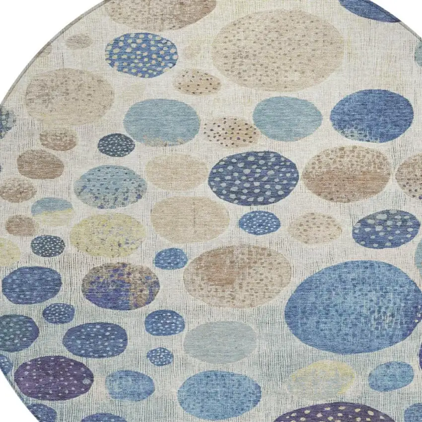 8' Navy Blue And Ivory Round Geometric Washable Indoor Outdoor Area Rug Photo 7