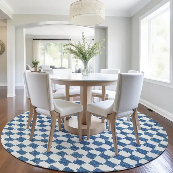 8' Navy Blue And Ivory Round Geometric Washable Indoor Outdoor Area Rug Photo 6