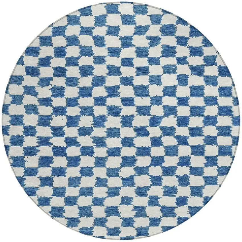 8' Navy Blue And Ivory Round Geometric Washable Indoor Outdoor Area Rug Photo 3