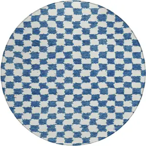 Photo of 8' Navy Blue And Ivory Round Geometric Washable Indoor Outdoor Area Rug