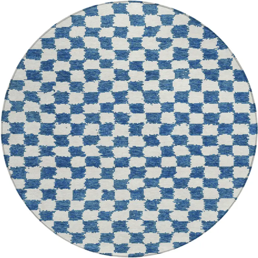 8' Navy Blue And Ivory Round Geometric Washable Indoor Outdoor Area Rug Photo 1