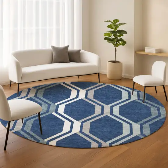 8' Navy Blue And Ivory Round Geometric Washable Indoor Outdoor Area Rug Photo 9