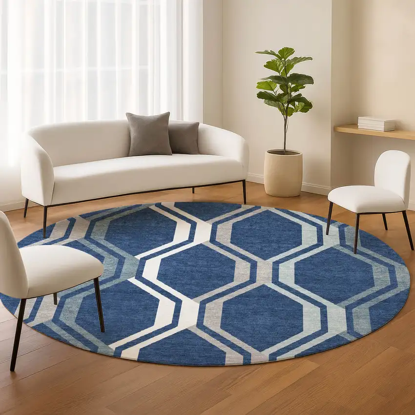 8' Navy Blue And Ivory Round Geometric Washable Indoor Outdoor Area Rug Photo 9