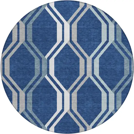 8' Navy Blue And Ivory Round Geometric Washable Indoor Outdoor Area Rug Photo 2