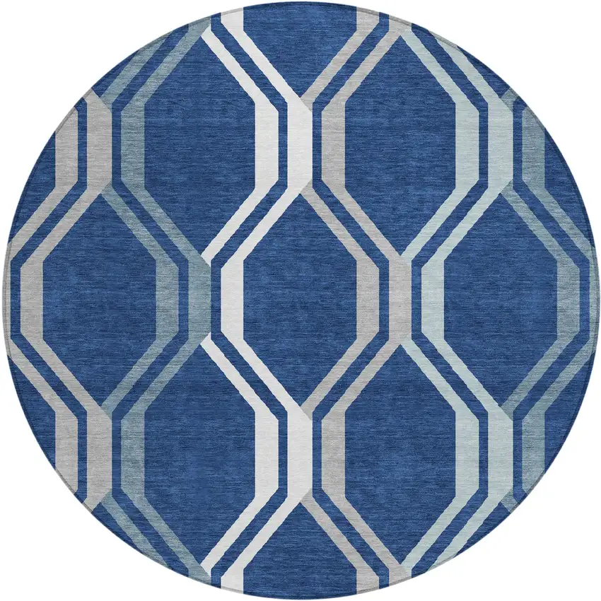8' Navy Blue And Ivory Round Geometric Washable Indoor Outdoor Area Rug Photo 2