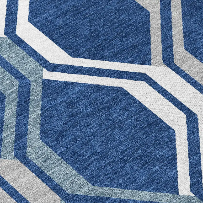 8' Navy Blue And Ivory Round Geometric Washable Indoor Outdoor Area Rug Photo 7