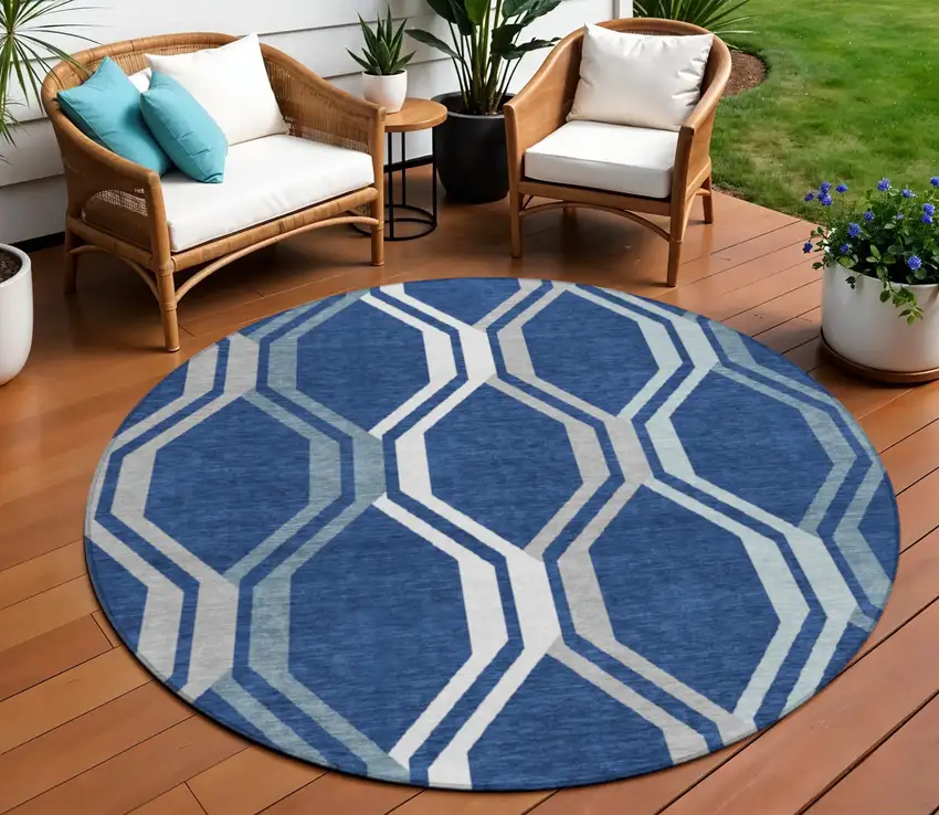 8' Navy Blue And Ivory Round Geometric Washable Indoor Outdoor Area Rug Photo 1