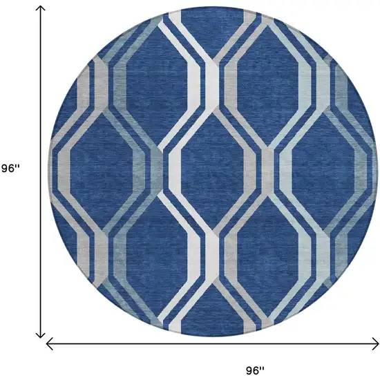 8' Navy Blue And Ivory Round Geometric Washable Indoor Outdoor Area Rug Photo 4