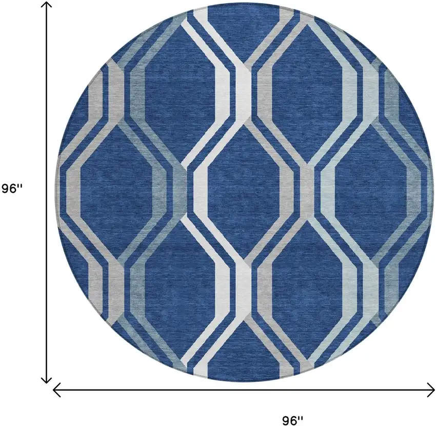 8' Navy Blue And Ivory Round Geometric Washable Indoor Outdoor Area Rug Photo 4