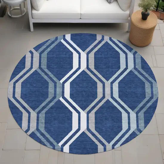 8' Navy Blue And Ivory Round Geometric Washable Indoor Outdoor Area Rug Photo 8