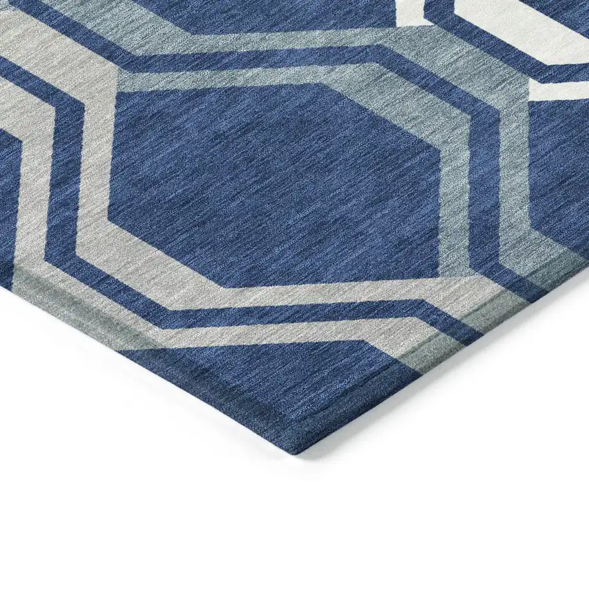 8' Navy Blue And Ivory Round Geometric Washable Indoor Outdoor Area Rug Photo 6