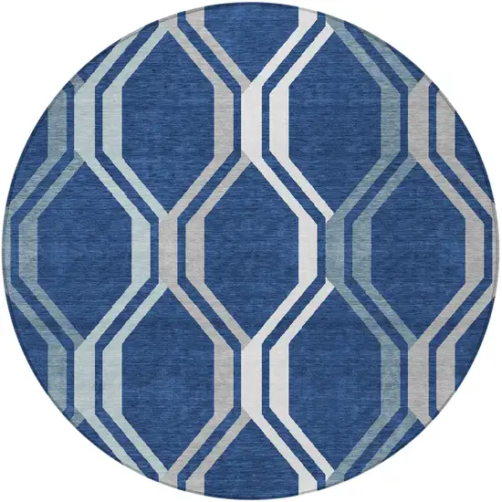 8' Navy Blue And Ivory Round Geometric Washable Indoor Outdoor Area Rug Photo 3
