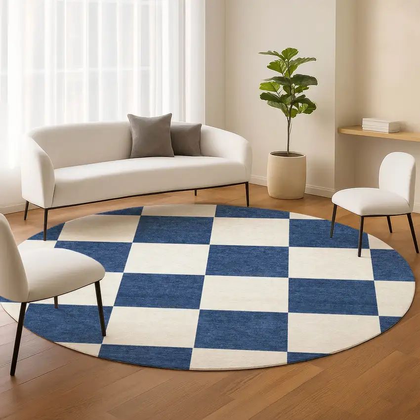 8' Navy Blue And Ivory Round Geometric Washable Indoor Outdoor Area Rug Photo 8