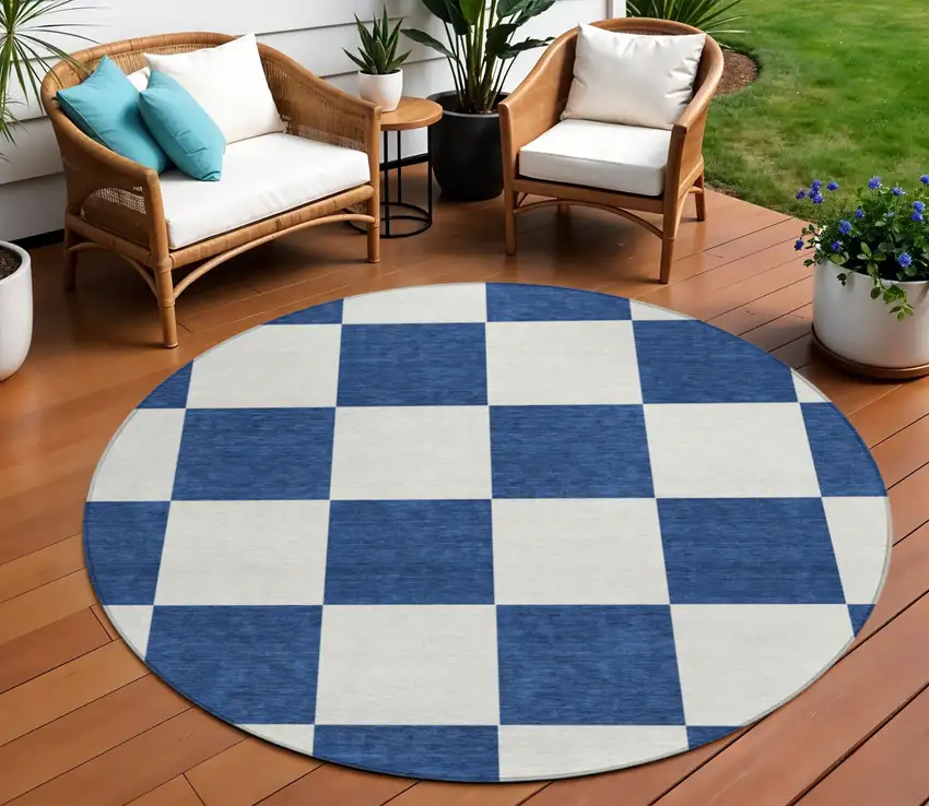 8' Navy Blue And Ivory Round Geometric Washable Indoor Outdoor Area Rug Photo 1