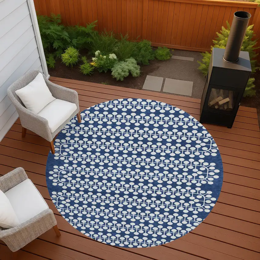 8' Navy Blue And Ivory Round Geometric Washable Indoor Outdoor Area Rug Photo 7