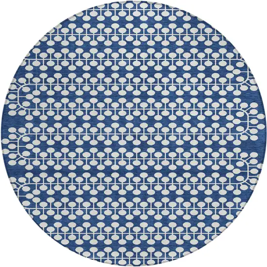 8' Navy Blue And Ivory Round Geometric Washable Indoor Outdoor Area Rug Photo 2