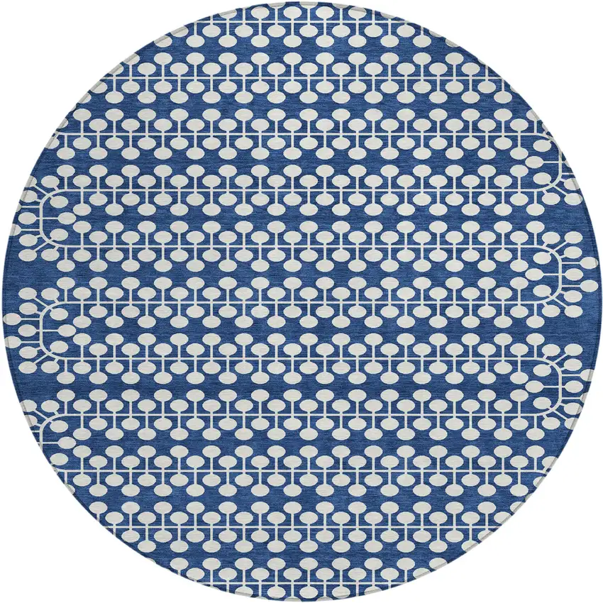 8' Navy Blue And Ivory Round Geometric Washable Indoor Outdoor Area Rug Photo 2