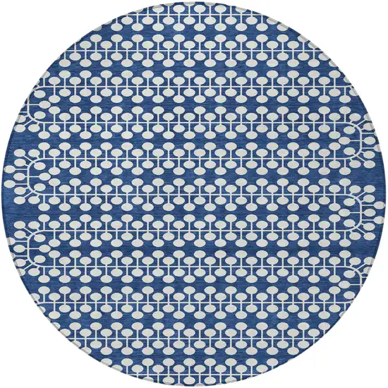 8' Navy Blue And Ivory Round Geometric Washable Indoor Outdoor Area Rug Photo 4