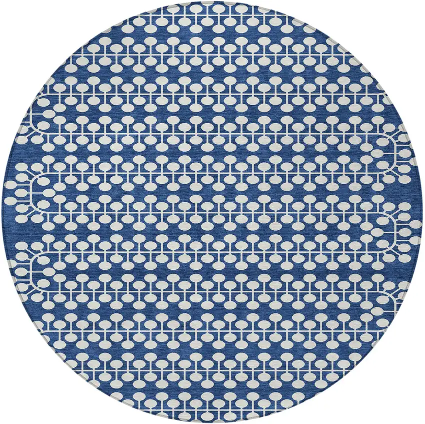 8' Navy Blue And Ivory Round Geometric Washable Indoor Outdoor Area Rug Photo 4