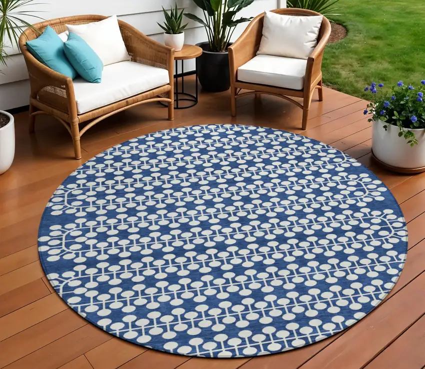8' Navy Blue And Ivory Round Geometric Washable Indoor Outdoor Area Rug Photo 1