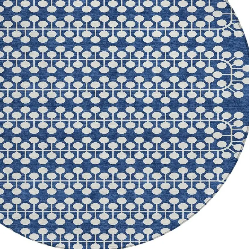 8' Navy Blue And Ivory Round Geometric Washable Indoor Outdoor Area Rug Photo 6