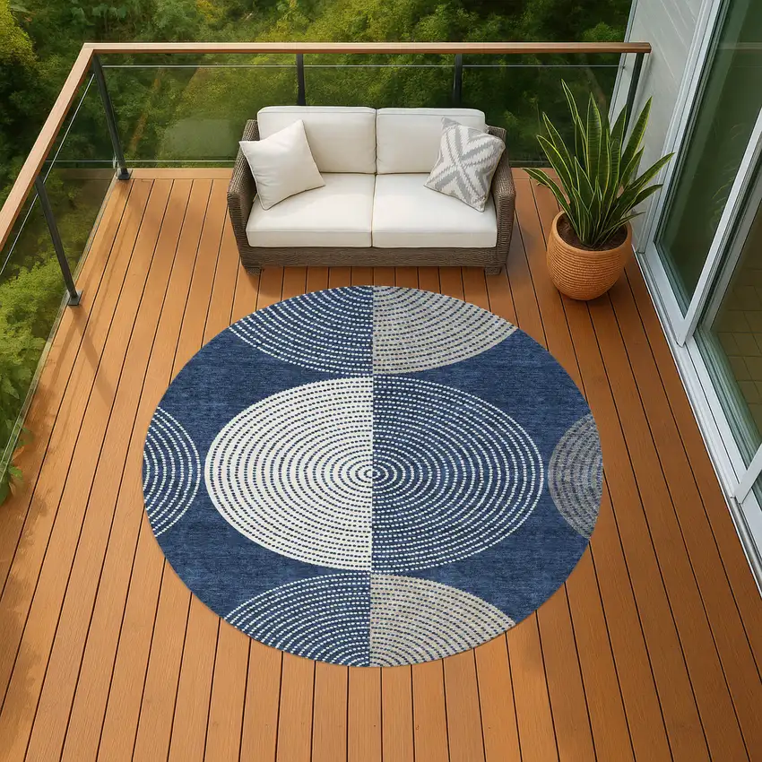 8' Navy Blue And Ivory Round Geometric Washable Indoor Outdoor Area Rug Photo 7