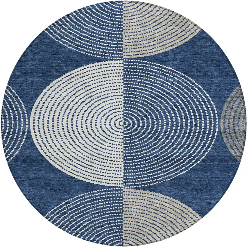 8' Navy Blue And Ivory Round Geometric Washable Indoor Outdoor Area Rug Photo 2