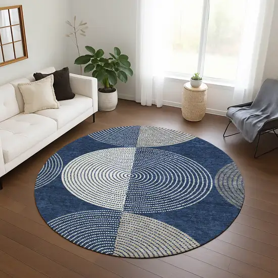 8' Navy Blue And Ivory Round Geometric Washable Indoor Outdoor Area Rug Photo 9