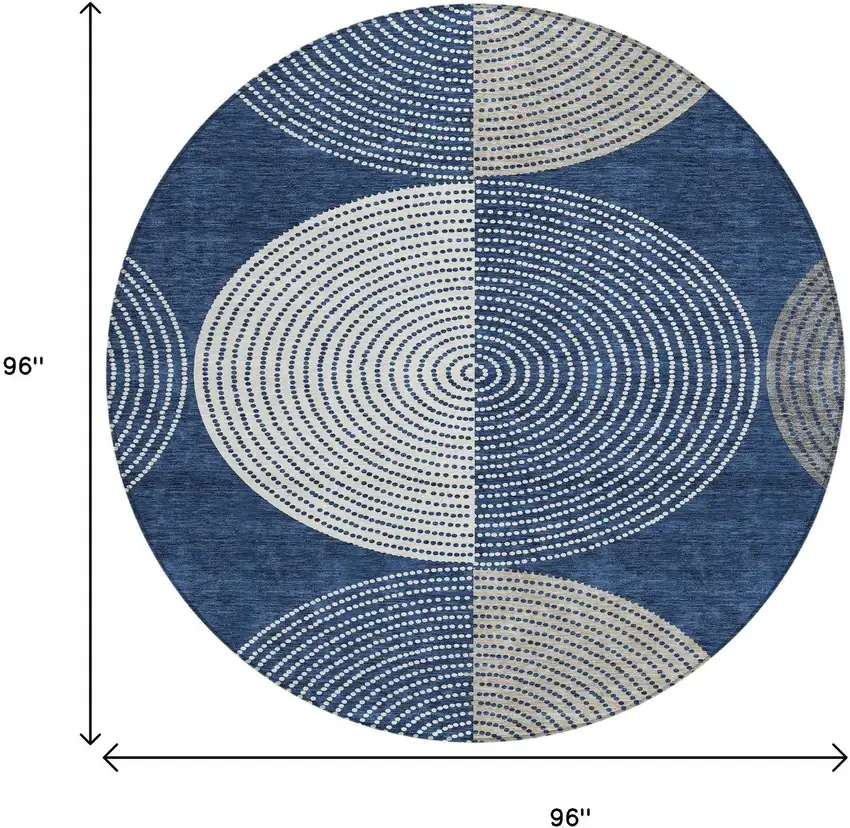 8' Navy Blue And Ivory Round Geometric Washable Indoor Outdoor Area Rug Photo 3