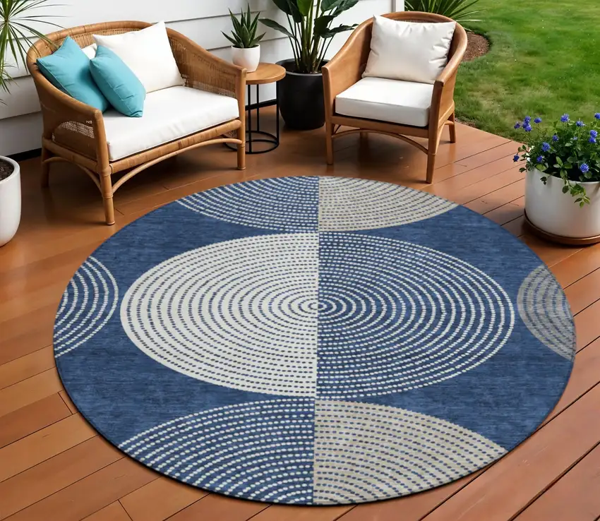 8' Navy Blue And Ivory Round Geometric Washable Indoor Outdoor Area Rug Photo 1