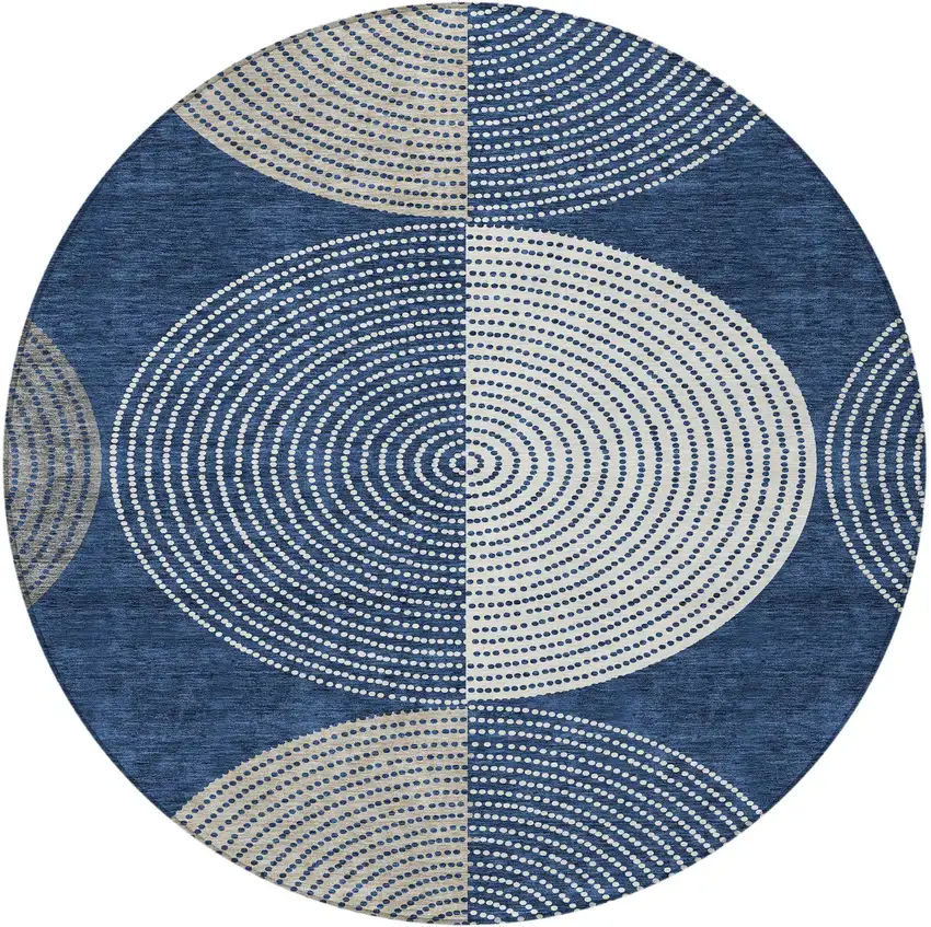 8' Navy Blue And Ivory Round Geometric Washable Indoor Outdoor Area Rug Photo 4
