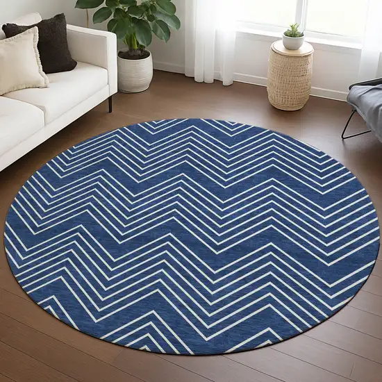 8' Navy Blue And Ivory Round Geometric Washable Indoor Outdoor Area Rug Photo 5