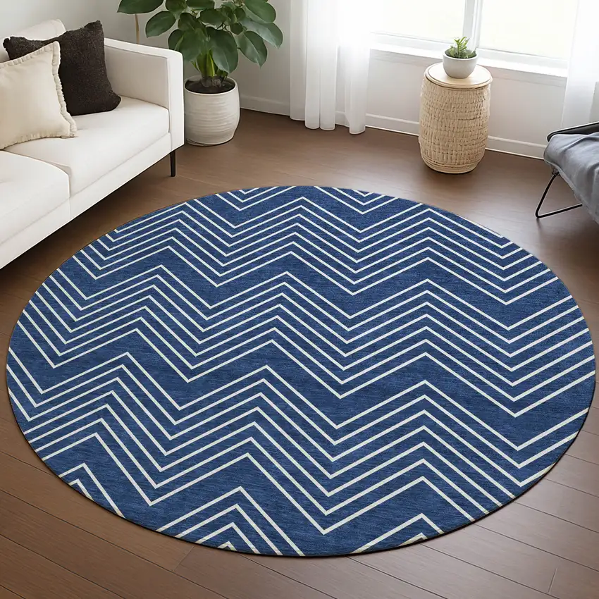 8' Navy Blue And Ivory Round Geometric Washable Indoor Outdoor Area Rug Photo 5