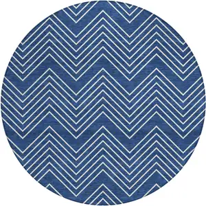 Photo of 8' Navy Blue And Ivory Round Geometric Washable Indoor Outdoor Area Rug