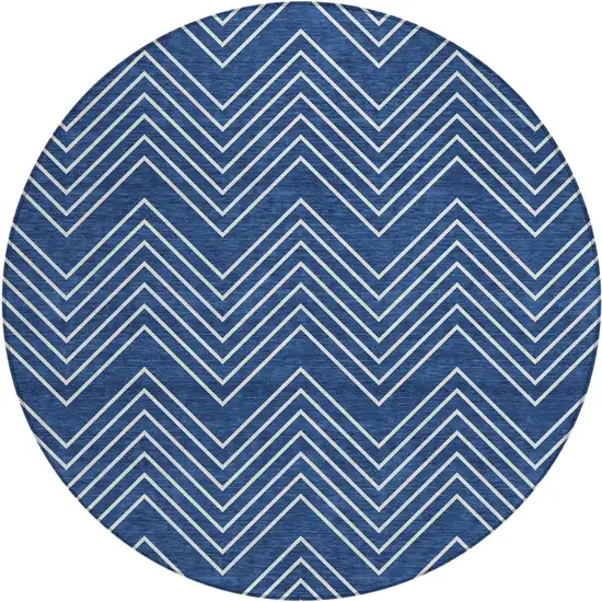 8' Navy Blue And Ivory Round Geometric Washable Indoor Outdoor Area Rug Photo 1