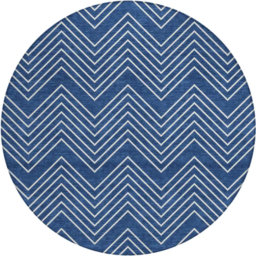 8' Navy Blue And Ivory Round Geometric Washable Indoor Outdoor Area Rug Photo 1