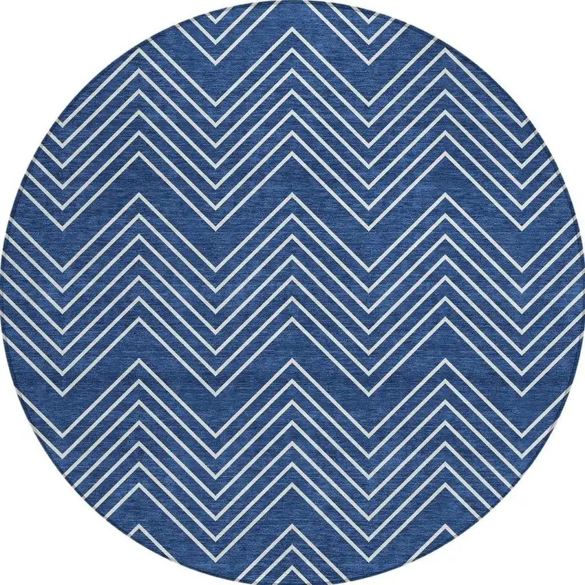 8' Navy Blue And Ivory Round Geometric Washable Indoor Outdoor Area Rug Photo 3