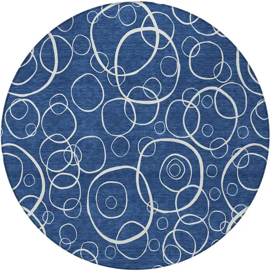 8' Navy Blue And Ivory Round Geometric Washable Indoor Outdoor Area Rug Photo 3