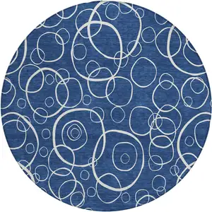 Photo of 8' Navy Blue And Ivory Round Geometric Washable Indoor Outdoor Area Rug