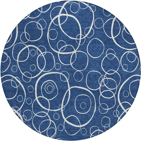 8' Navy Blue And Ivory Round Geometric Washable Indoor Outdoor Area Rug Photo 1