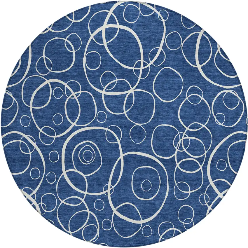 8' Navy Blue And Ivory Round Geometric Washable Indoor Outdoor Area Rug Photo 1