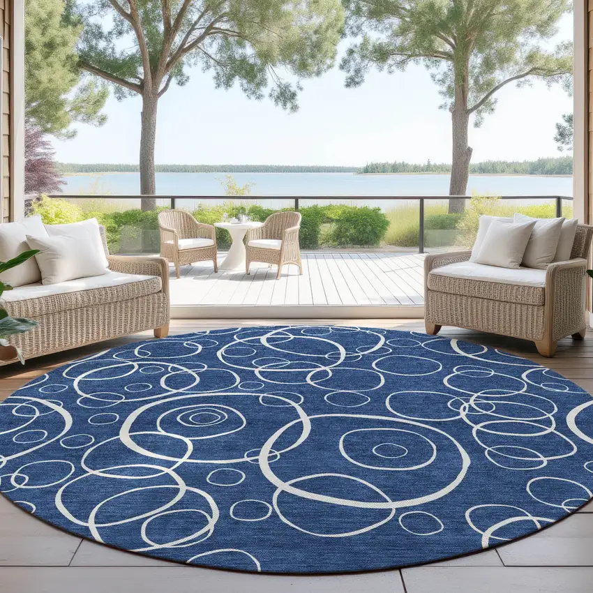 8' Navy Blue And Ivory Round Geometric Washable Indoor Outdoor Area Rug Photo 4