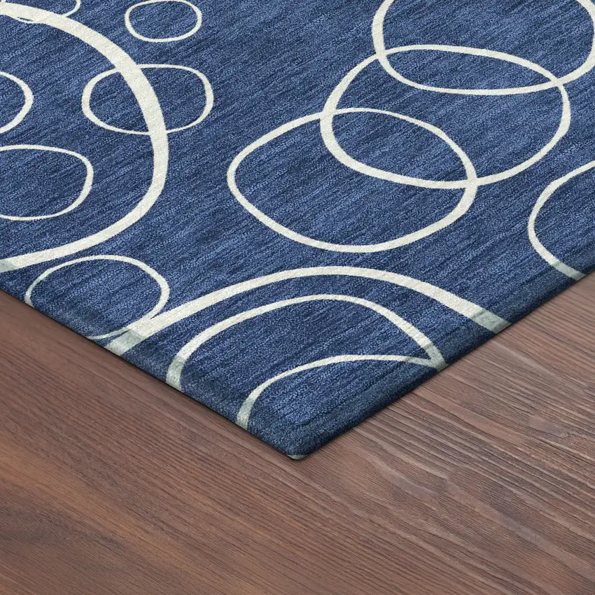 8' Navy Blue And Ivory Round Geometric Washable Indoor Outdoor Area Rug Photo 8